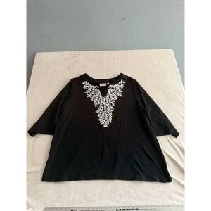 Quacker Factory Black Embroidered Coral V-Neck 3/4 Sleeve Top Plus Size 3X